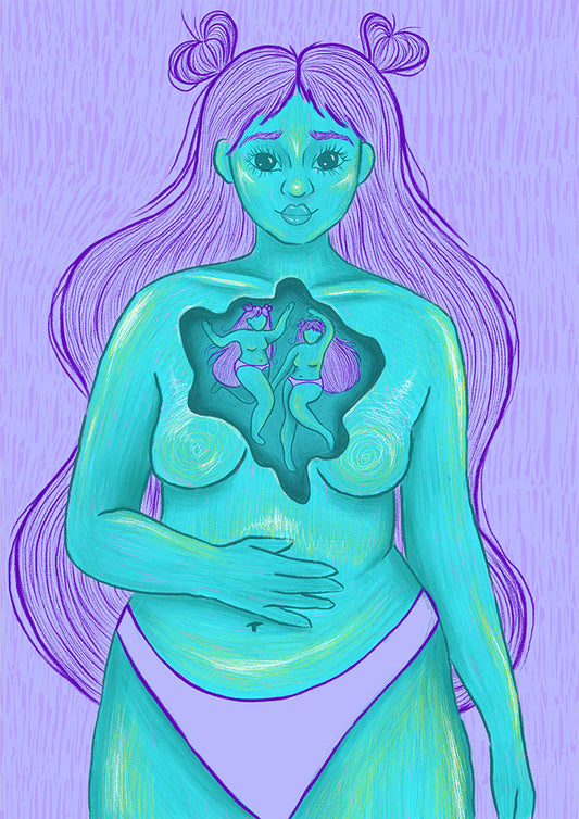 a almost naked curvy lady with only undies on. She has bright turquoise skin with yellow reflections. Her hand is positioned on her belly and in her chest there is a curved shape hole which allows to look inside her and there are two miniature versions auf herself dancing. The lady has a pretty smiling face, cute space buns and long open purple hair. The background is purple too.