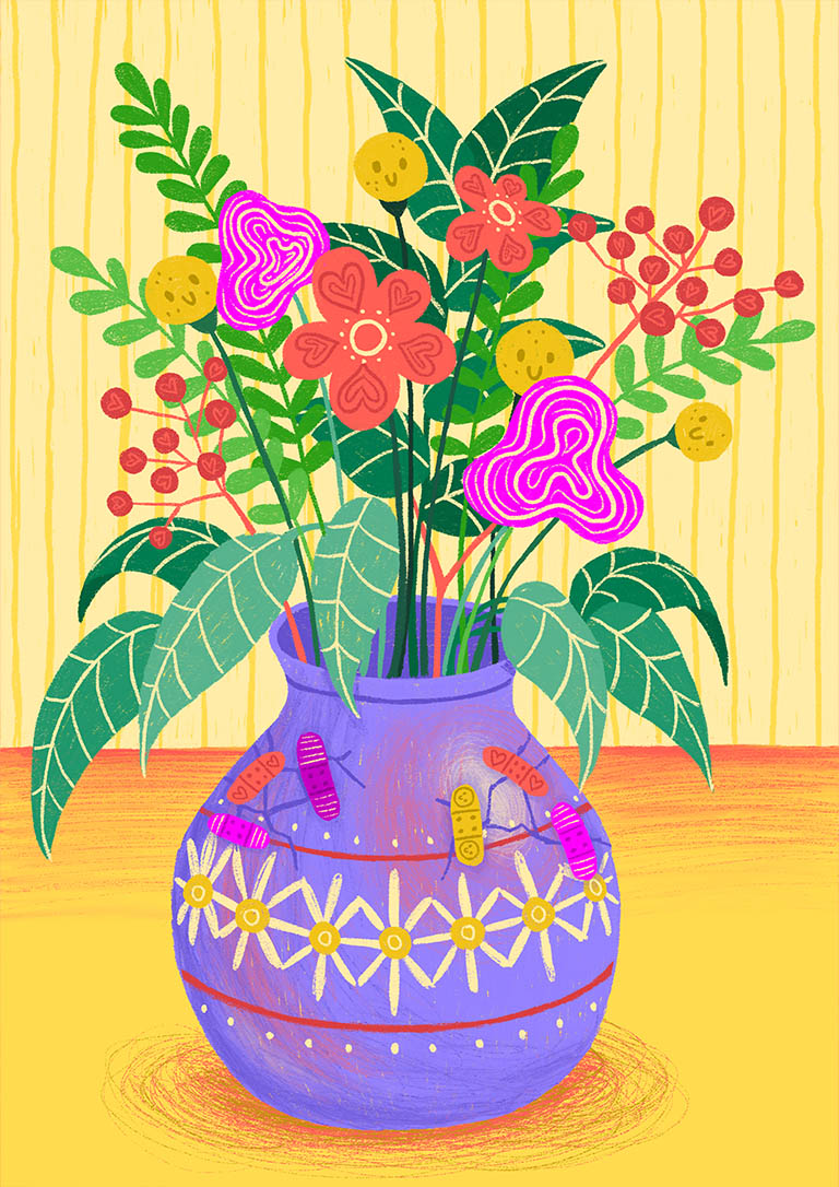 a daisy pattern purple vase with cracks, which are being fixed with orange, pink, yellow and purple plasters. There are many flowers in the vase with cute patterns like little hearts and smiley faces. The title is "making mistakes" (is what makes you bloom), which refers to the blooming flowers looking like the plasters.