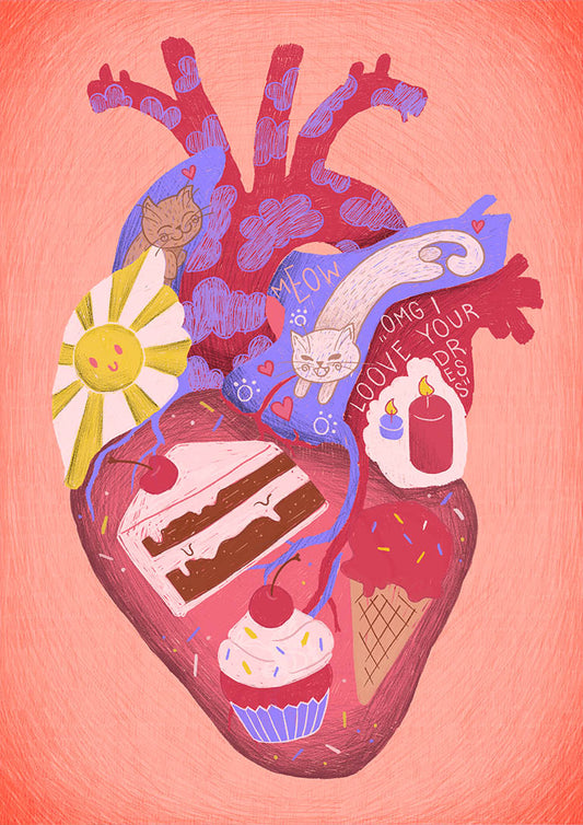 an anatomic heart filled with everything I love: a shining sun, cake, a cupcake, ice cream and sprinkles, candles, cats, clouds and a compliment "omg I love your dress". The colors are pink, white, yellow and puple, blue.